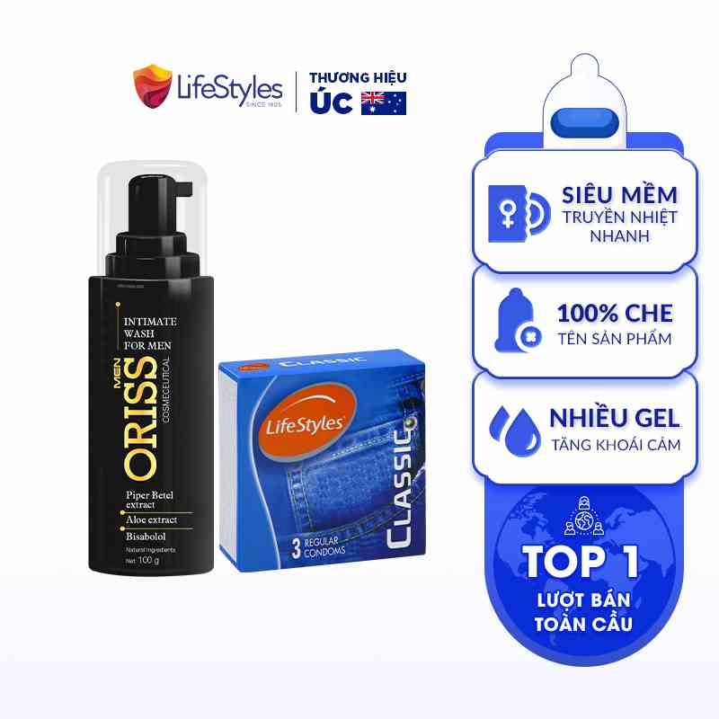 Combo Bao cao su LifeStyles Classic thiết kế mỏng ôm sát 3 bao + Dung Dịch Vệ Sinh Oriss Chuyên Biệt Dành Cho Nam Giới