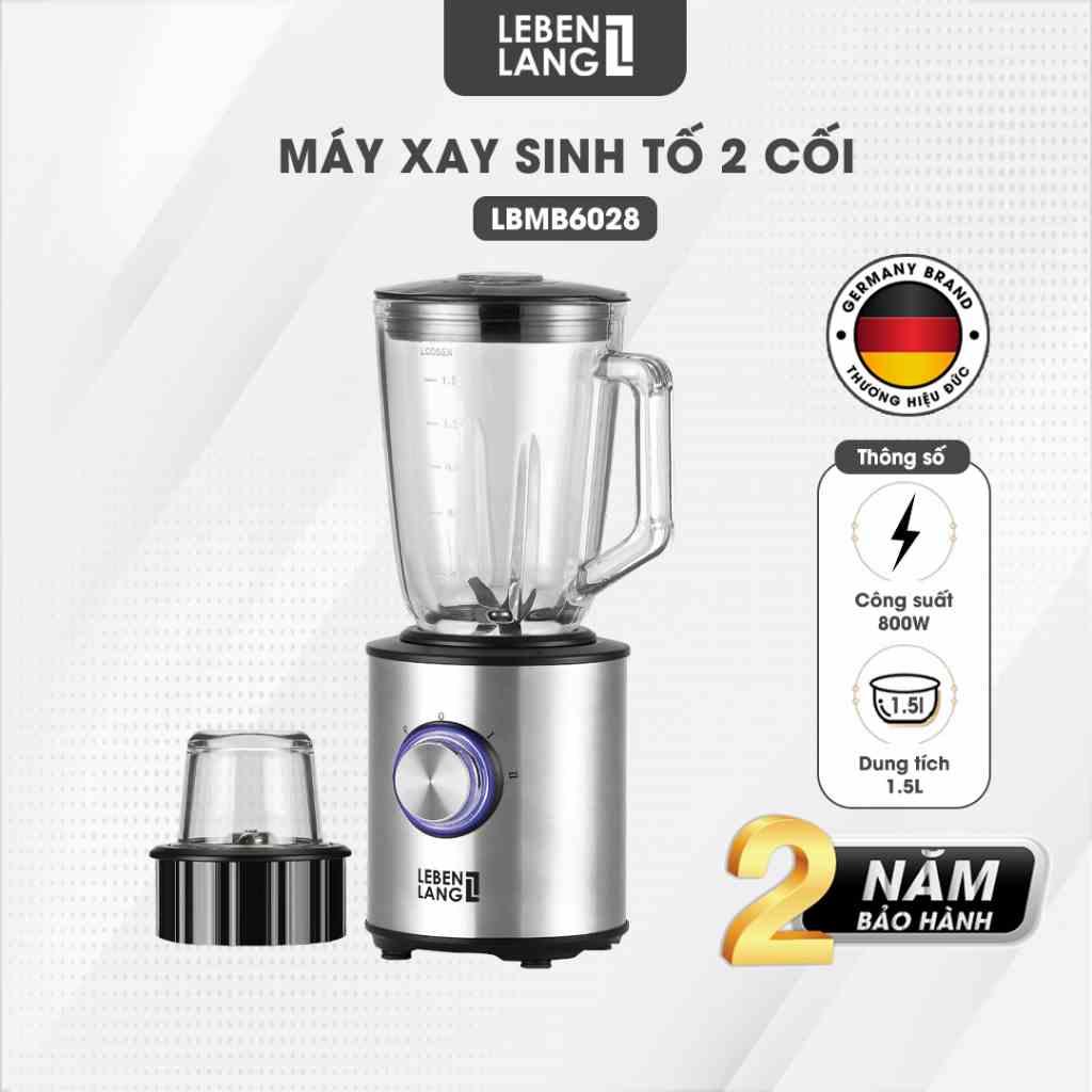 Máy xay sinh tố LEBENLANG gồm 2 cối xay tích hợp bình chứa dung tích 1,5l, công suất 800W, LBMB6028-hàng chính hãng