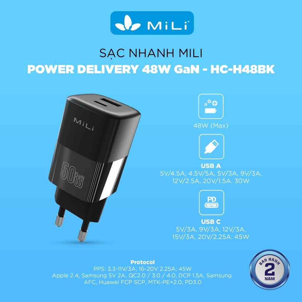 [Mã BMLTA35 giảm đến 35K đơn 99K] Sạc nhanh MiLi PD 50W GaN - HC-H48 màu đen