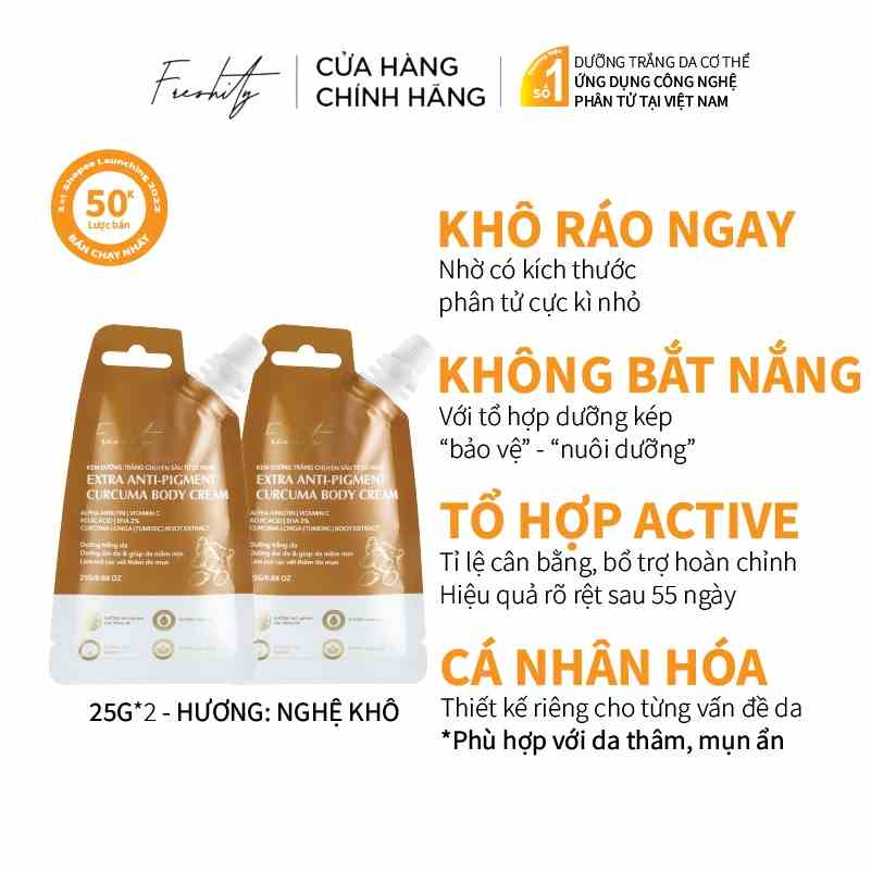 [GIFT] Bộ 2 Kem dưỡng trắng từ củ nghệ cho da mụn cơ thể, viêm nang lông Freshity 25gx2