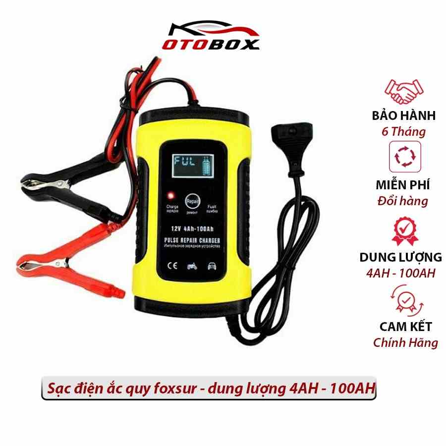 sạc bình ắc quy 12v xe máy ô tô 100ah foxsur tự ngắt khi đầy, máy sạc bình acquy tự động chống ngược cực