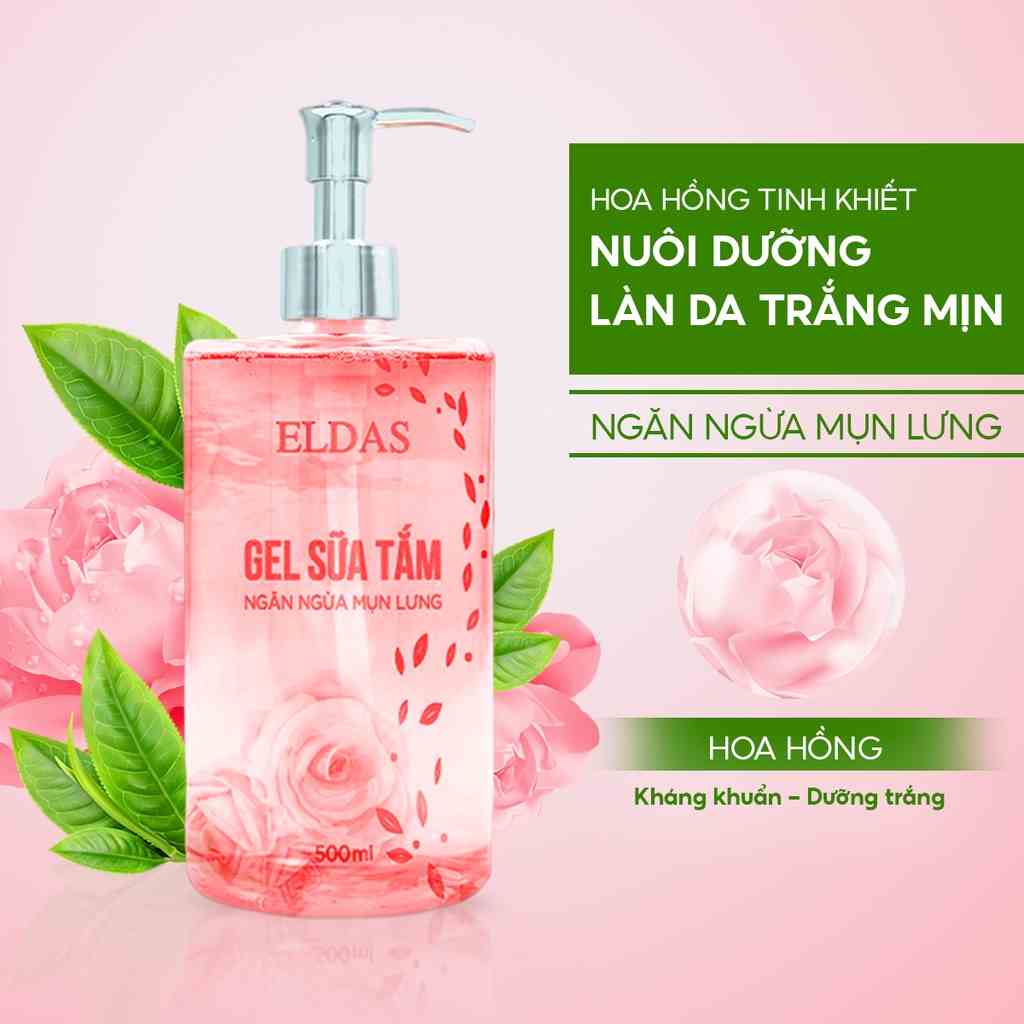 Gel Sữa Tắm Mụn Lưng ELDAS, Giảm Viêm Nang Lông Mụn Cơ Thể, Tinh Chất TRÀM TRÀ KHỔ QUA, Hương HOA HỒNG quyến rũ 500ml