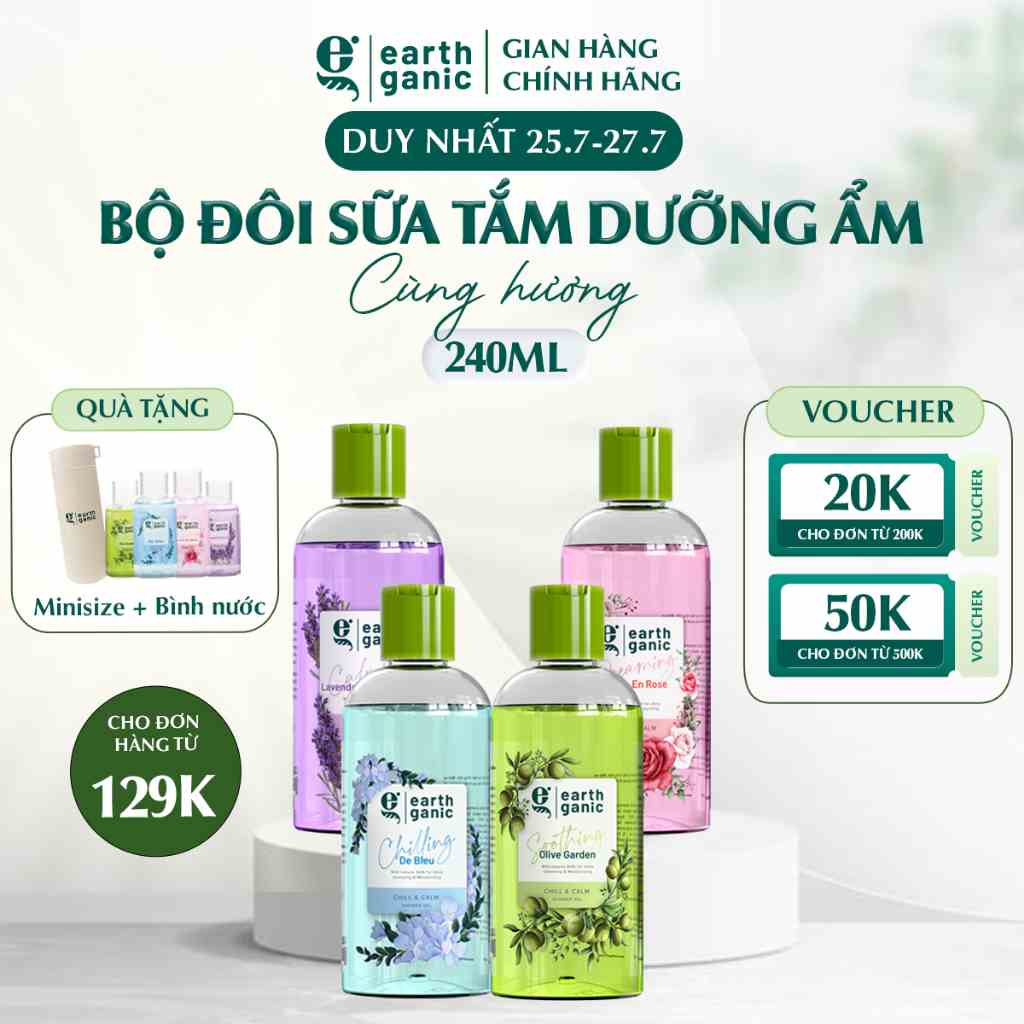 Combo siêu tiết kiệm 240ml - Bộ đôi sữa tắm trắng da Earthganic hương hoa, dưỡng ẩm thơm lâu