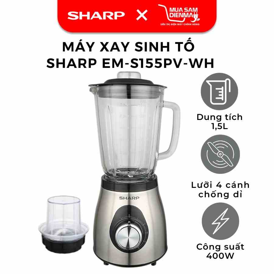 Máy xay sinh tố cầm tay mini công nghiệp đa năng 1.5 lít Sharp EM-S155PV-WH chính hãng xay thịt hạt khô gia vị ngũ cốc