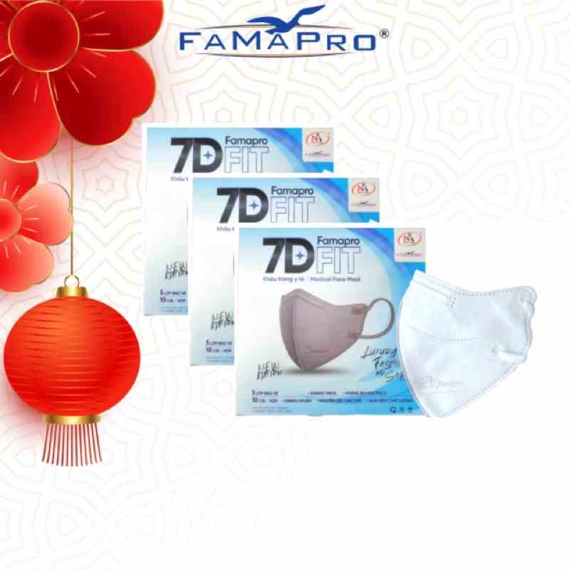 [Combo 3 hộp ]Famapro 7D FIT  Khẩu trang y tế cao cấp kháng khuẩn 5 lớp (10 cái/ hộp)