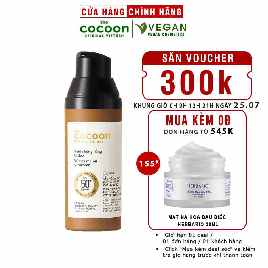 Kem chống nắng bí đao quang phổ rộng, bảo vệ rất cao SPF 50 +, PA ++++ Cocoon 50ml thuần chay