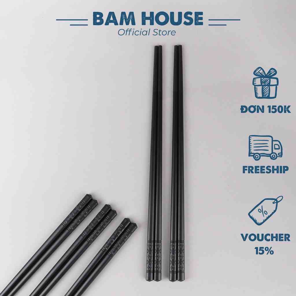 Set 10 đôi Đũa nhựa chịu nhiệt Bam House màu đen đầu nhám đuôi trạm hoạ tiết cao cấp DDN05