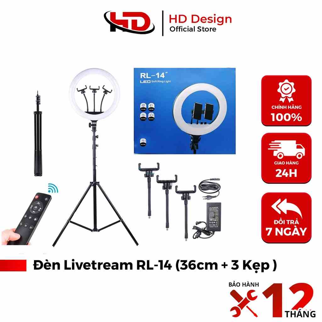 Bộ Đèn Livestream RL14 Size 36cm + Chân Đèn + Kẹp Điện Thoại - Hỗ trợ Makeup Quay TikTok - Chính Hãng HD DESIGN