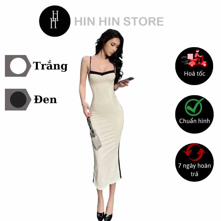 [Mã BMLTB35 giảm đến 35K đơn 99K] Đầm ôm body hai dây dài xẻ tà màu đen & trắng HDT287 Hỉn Hỉn Store