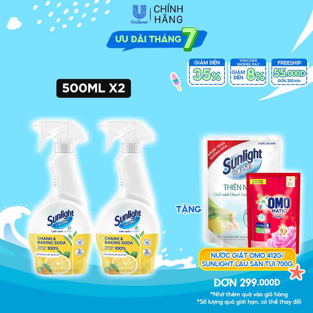 Combo 2 Nước lau bếp Sunlight Chanh & Baking soda|Phiên bản nâng cấp từ Cif|Đánh bay 100% dầu mỡ|Chai 500ml