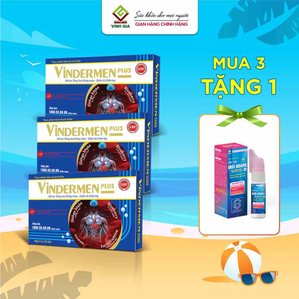 [Combo 3 Tặng 1 Xịt Rửa Mũi] Viên Uống Hỗ Trợ Lưu Thông Máu Vindermen Plus VINH GIA Giảm Tê Bì Tay Chân,An Toàn Hiệu Quả