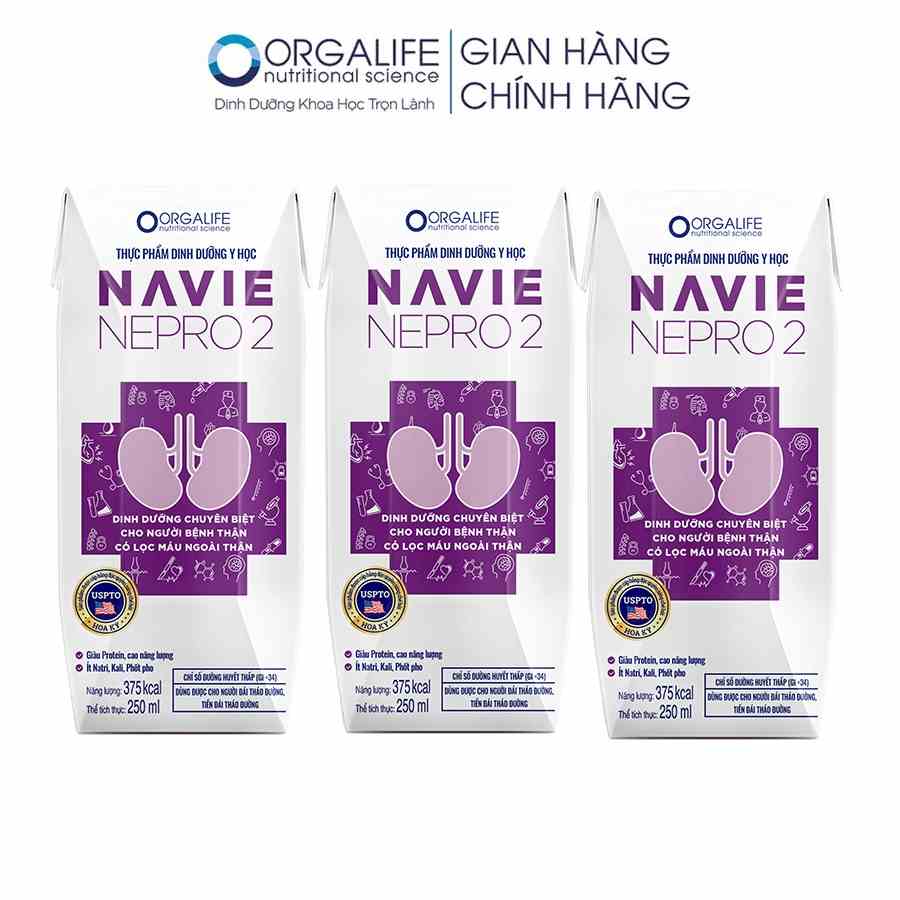 Thực phẩm dinh dưỡng y học Navie Nepro 2 (3 Hộp x 250ml) - Dinh dưỡng tối ưu cho thận có lọc máu