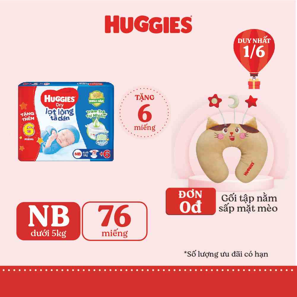 [HUGMAR33B-10% max 60k đơn 400k] Tã dán lọt lòng Huggies Dry NB 70 miếng + tặng 6 miếng:Chính Hãng