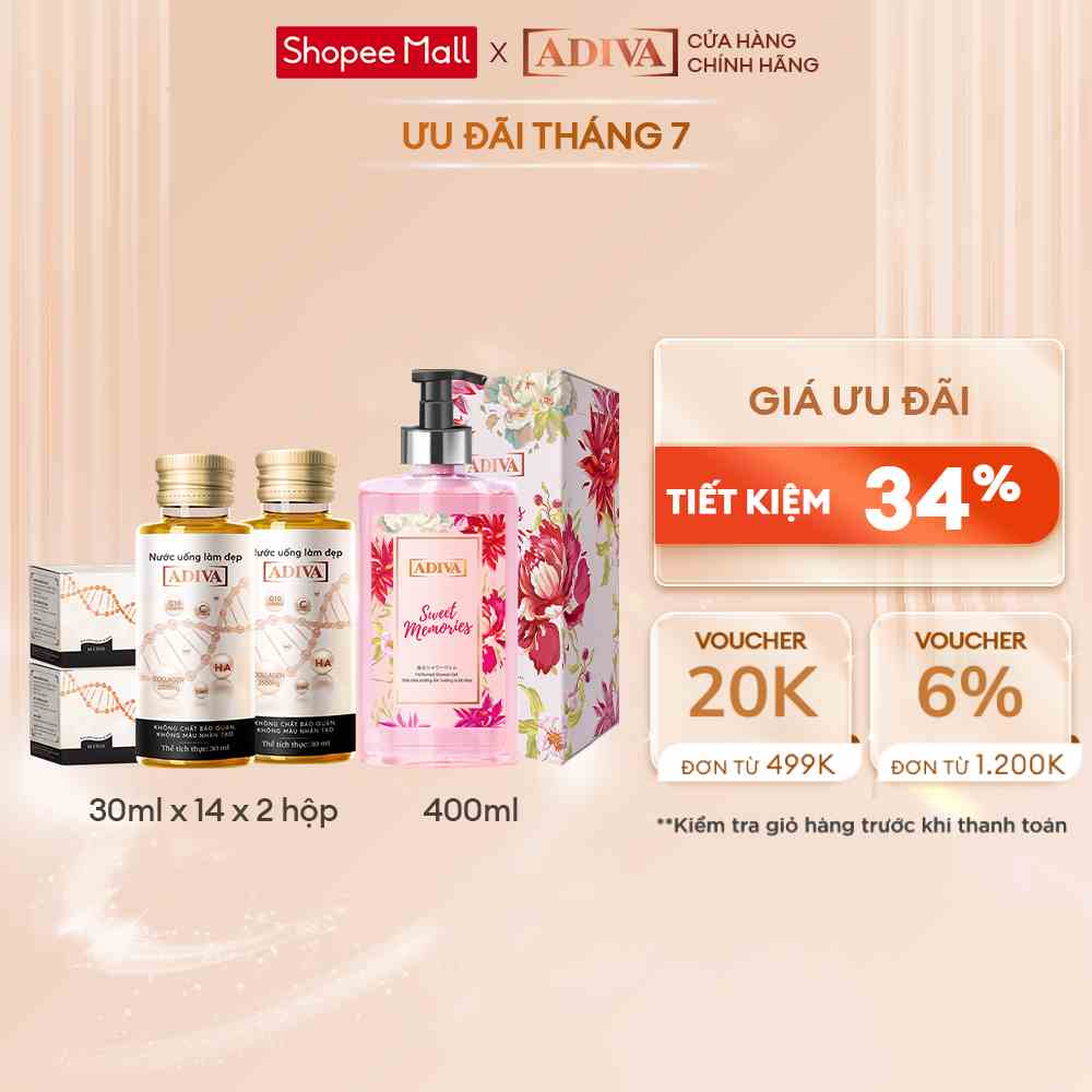 Combo 2 Hộp Nước Uống Làm Đẹp Collagen ADIVA (14 Chai/Hộp) Tặng 1 Sữa Tắm ADIVA Sweet Memories 400ml