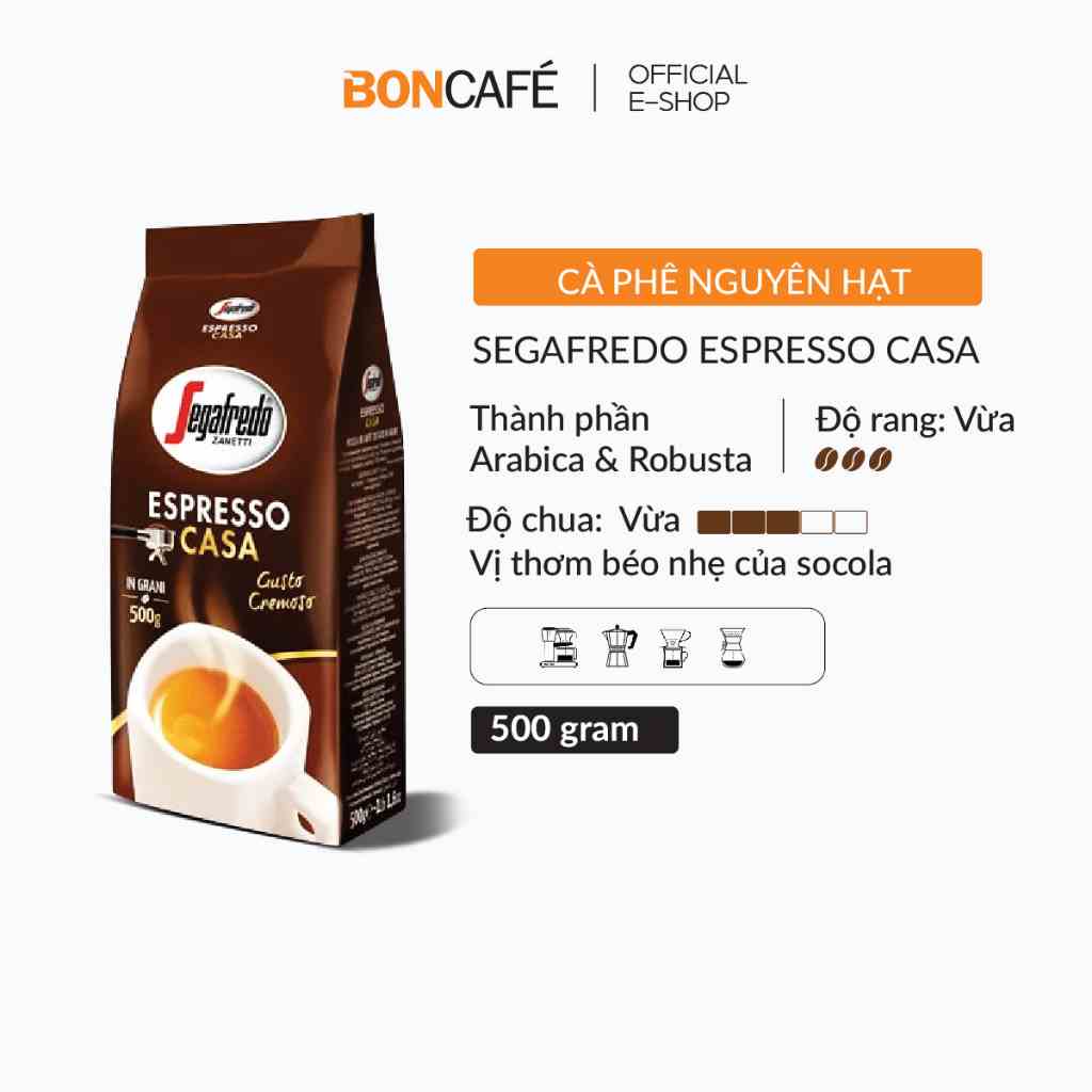 Cà phê hạt nguyên chất Robusta & Arabica rang vừa hương vị Espresso Segafredo Casa 500g/gói