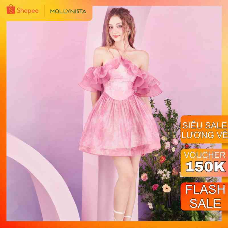 MOLLYNISTA - Đầm organza von tơ in hoa trễ vai bèo thanh lịch nữ tính thiết kế cao cấp tôn dáng