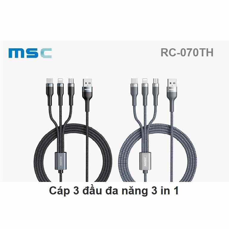 [Mã BMLTB35 giảm đến 35K đơn 99K] Cáp sạc đa năng 3in1 Remax RC-070. Sạc cùng lúc 3 thiết bị, dây dù siêu bền