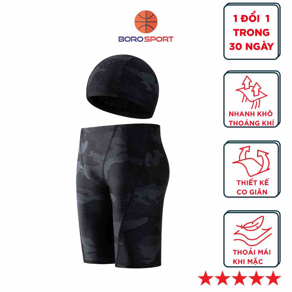 Quần bơi lửng boxer dài cho nam Cleacco màu đen Camo, chất vải Poly co giãn, thoáng khí, thoát nước nhanh BORO SPORT