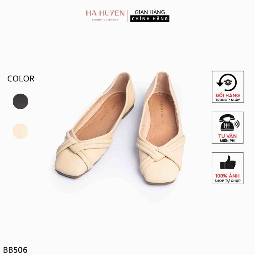 [Mã BMLTB200 giảm đến 100K đơn 499K] Giày búp bê nữ Hà Huyền Shoes bệt da lì mũi vuông nơ thắt chéo - BB506