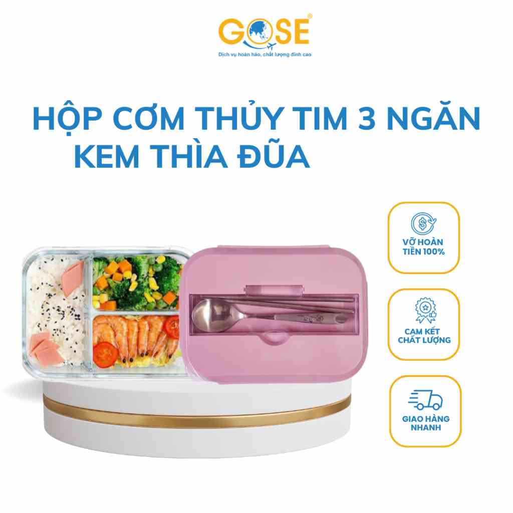 Hộp cơm văn phòng thủy tinh chia ngăn GOSE chống tràn kèm đũa thìa inox dùng được lò vi sóng