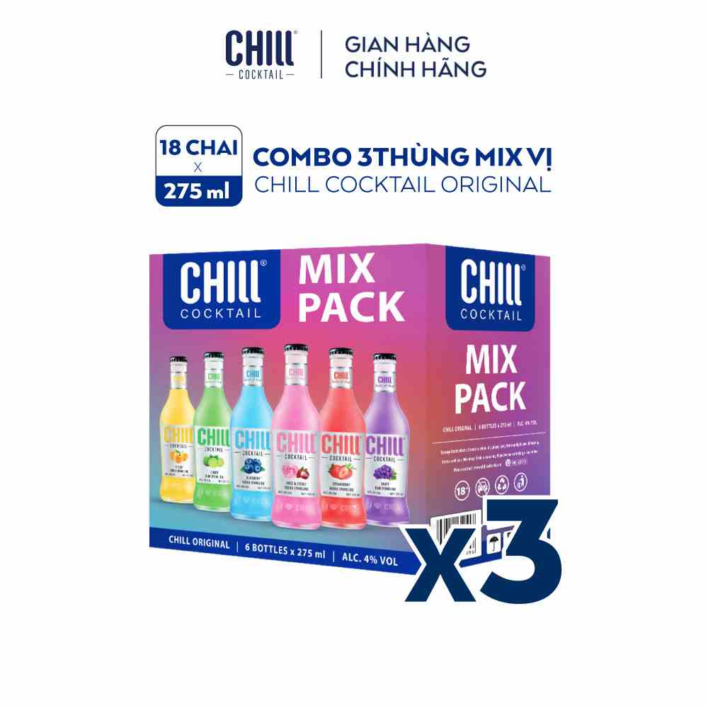 [Mã BMLTB200 giảm đến 100K đơn 499K] Combo 3 thùng 6 chai Chill Cocktail mix vị 275ml/chai