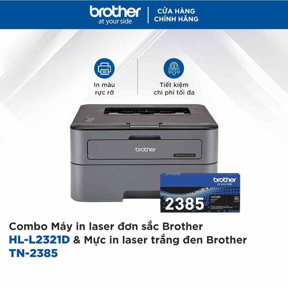 Combo Máy in laser đơn sắc Brother HL-L2321D và Mực in laser trắng đen Brother TN-2385