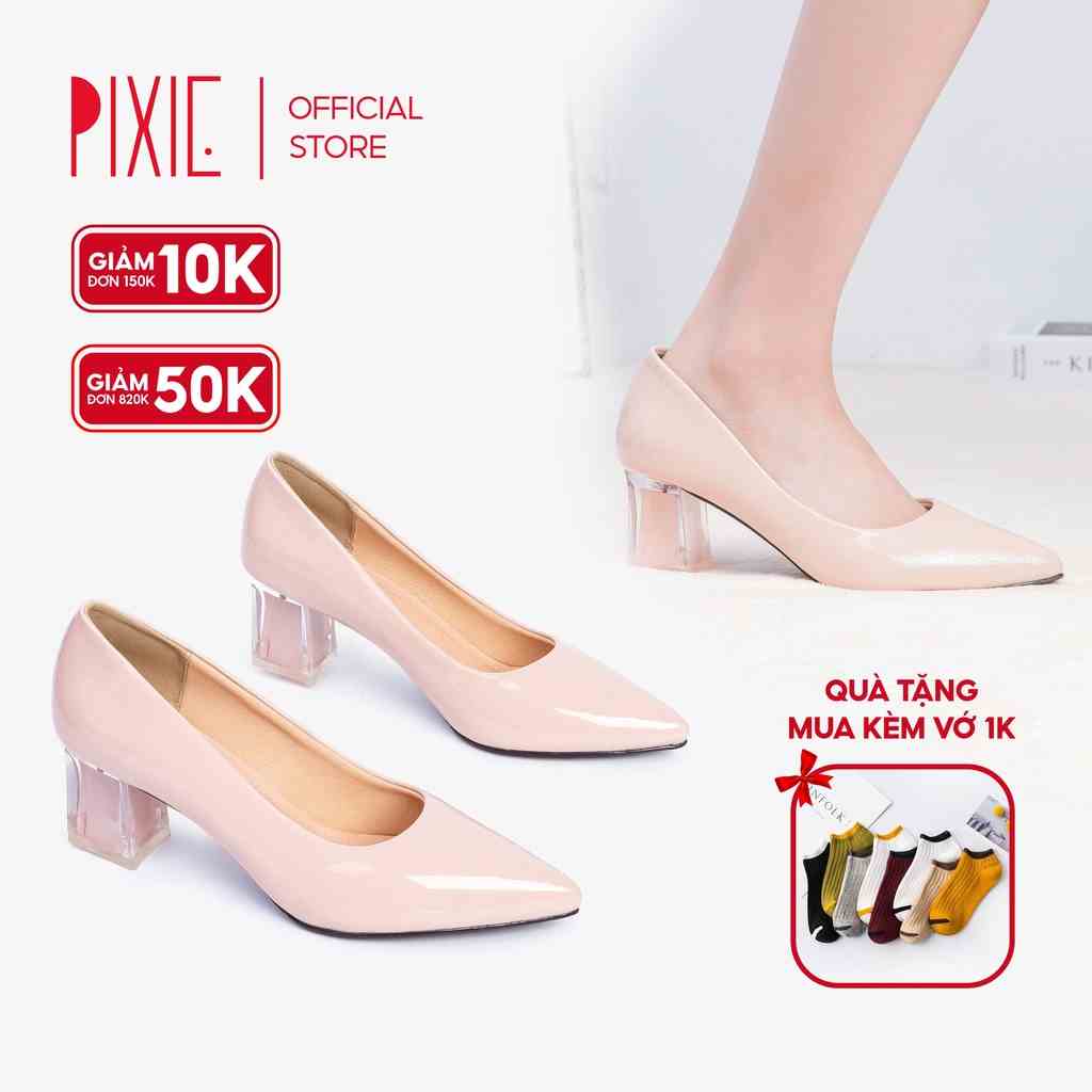 Giày Cao Gót 5cm Da Bóng Mũi Nhọn Đế Vuông Phối Mica Pixie P006