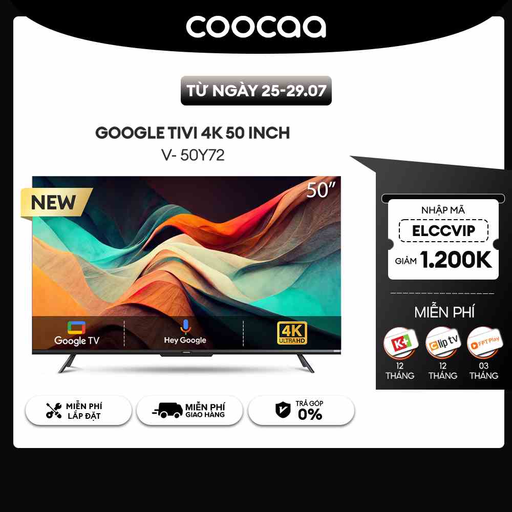 [Nhập ELCCVIP giảm 1Tr2] Google Tivi Coocaa 4K 50 Inch - Model 50Y72 - Miễn Phí Lắp Đặt