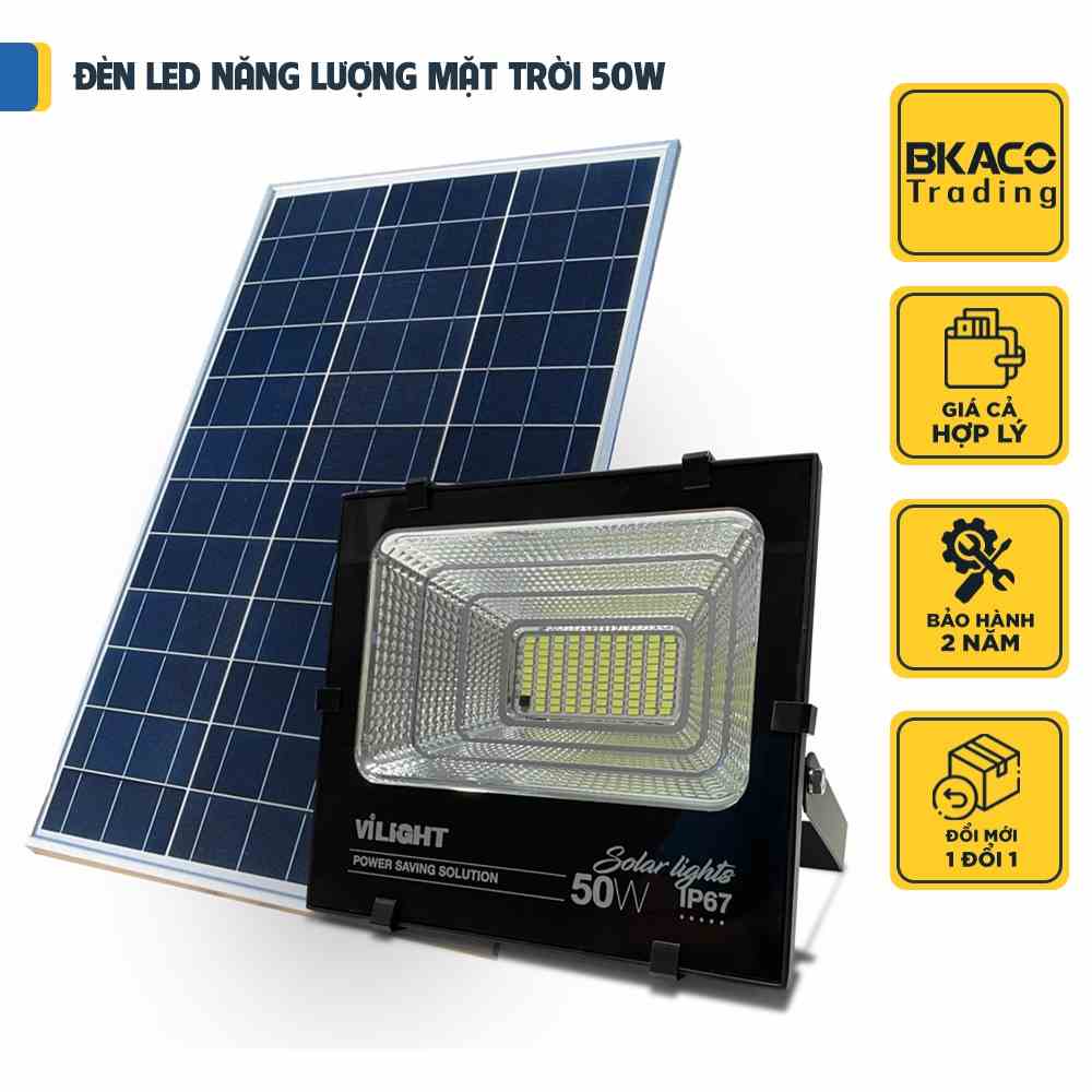 Đèn pha năng lượng mặt trời 50W Vi-Light VLFL50MT1, Chip Led Bridgelux Top USA, BH 2 năm đổi mới