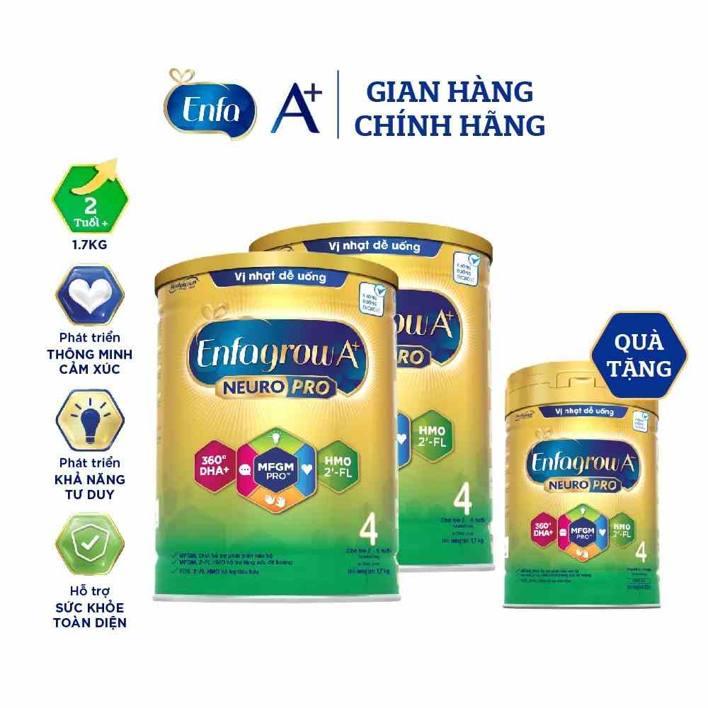 [Tặng 1 lon 830g] Bộ 2 lon Sữa bột Enfagrow A+ Neuropro 4 - FL HMO Vị Nhạt Dễ Uống- 1.7kg