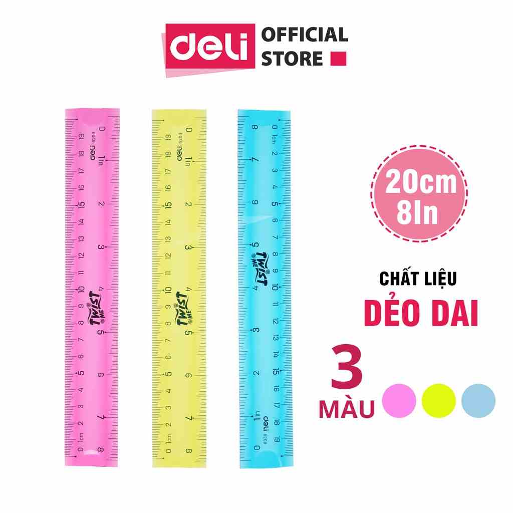 Thước kẻ nhựa dẻo EcoPVC 20cm Deli - Màu ngẫu nhiên - 1/2 chiếc - Chất liệu nhựa an toàn - Phù hợp với học sinh