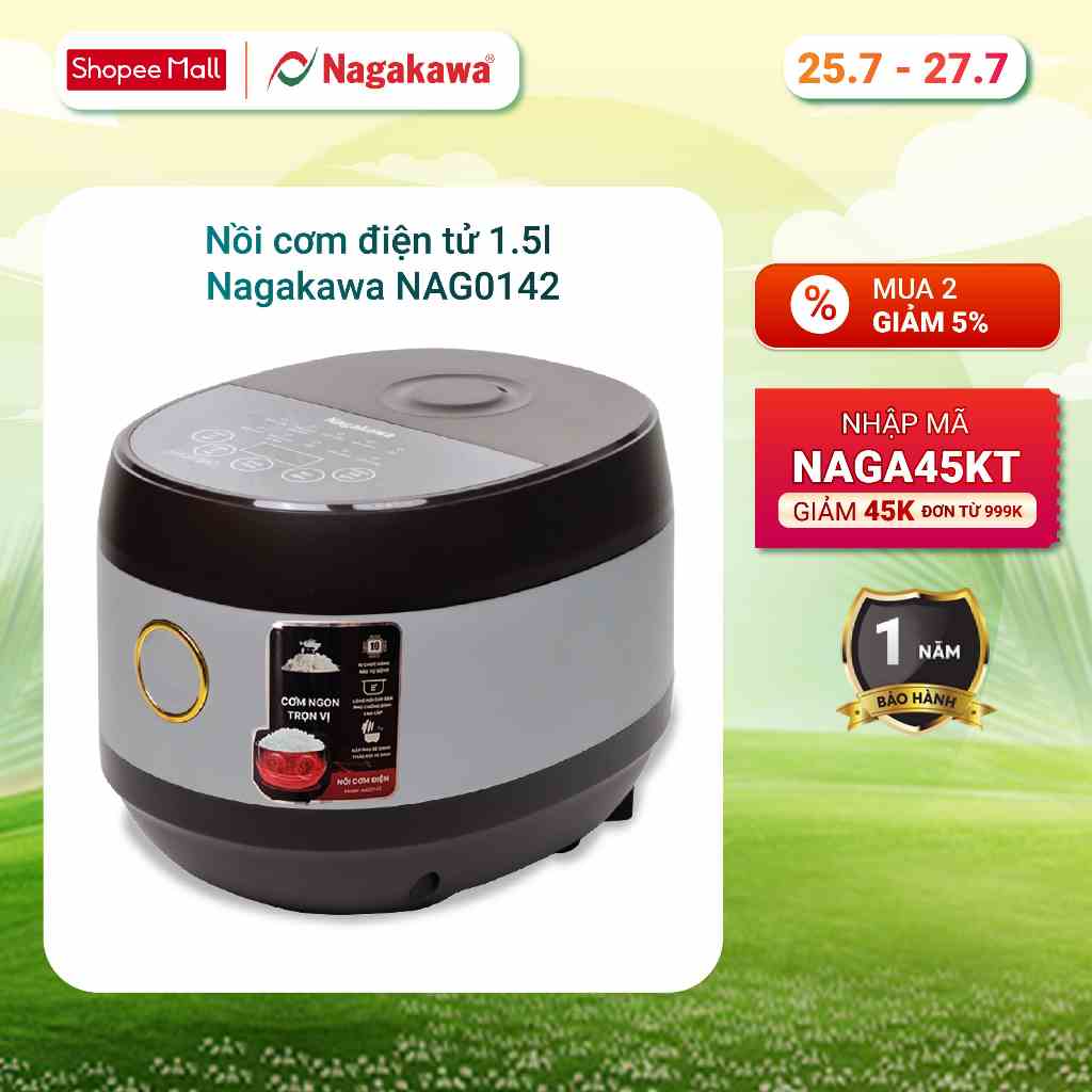 Nồi cơm điện tử 1.5L Nagakawa NAG0142 (800W) - 10 chương trình nấu - Hẹn giờ 24 tiếng - Bảo hành 12 tháng