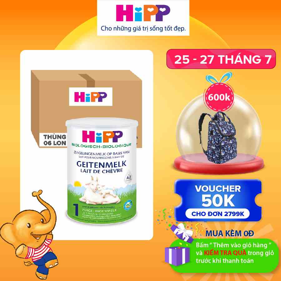 Thùng 6 lon sữa dê HiPP 1 Organic 400g - Nhập khẩu Đức, giúp bé phát triển chiều cao, trí não, tăng cường hấp thu