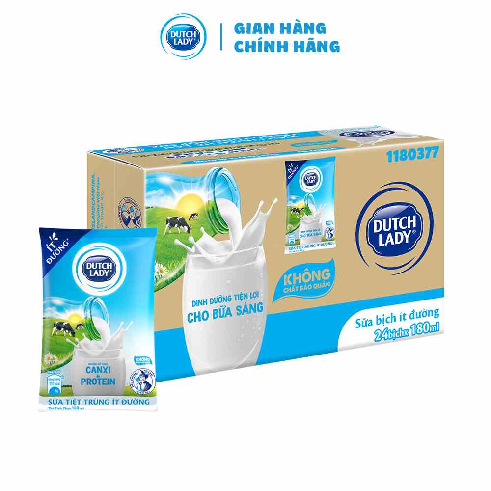 Thùng 24 bịch sữa tươi tiệt trùng ít đường Dutch Lady Canxi & Protein 180ml