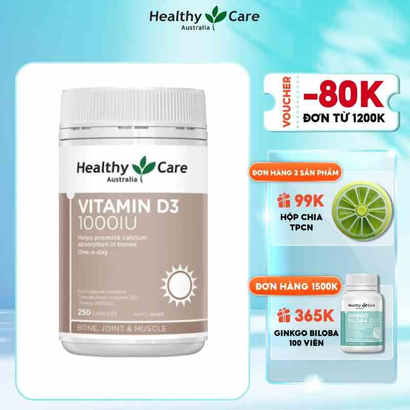 Viên uống chống loãng xương bổ sung Vitamin D3 Healthy Care Vitamin D3 1000IU 250 viên