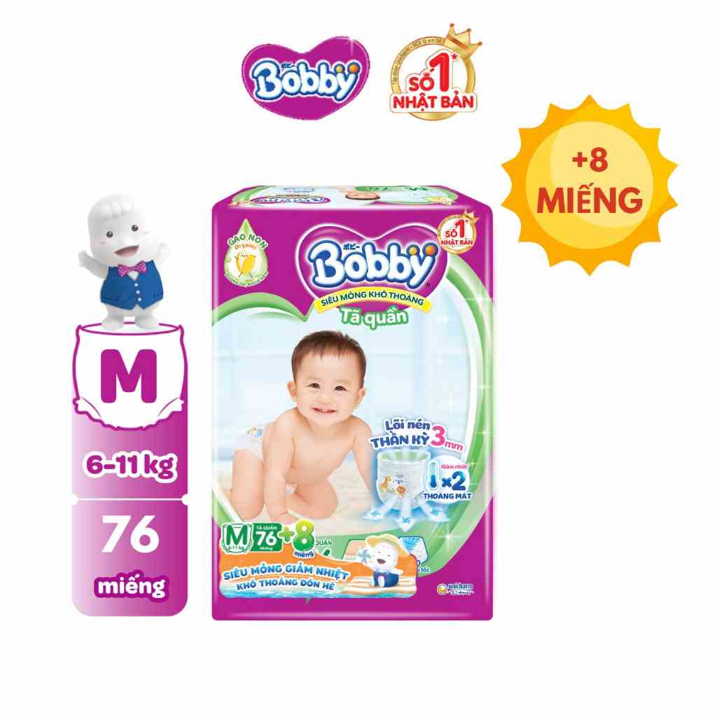 [TẶNG THÊM 8 MIẾNG] Tã/bỉm quần Bobby 3mm Gạo non Giảm nhiệt M76/L68/XL62/XXL56 phiên bản mùa hè