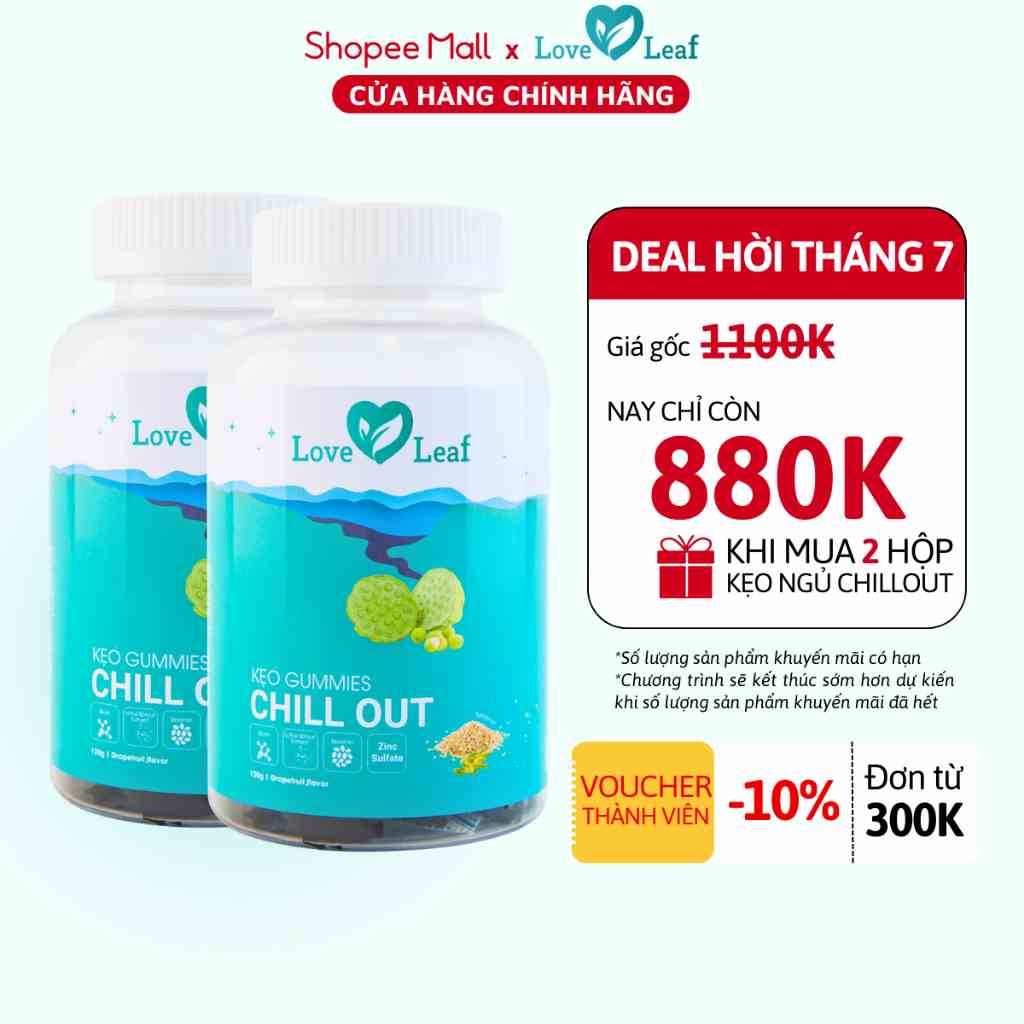 [ Combo 2 hộp ] Kẹo Ngủ Ngon Chill Out Love Leaf Hỗ Trợ Giấc Ngủ Ngon, Giải Toả Căng Thẳng, Hộp 30 viên