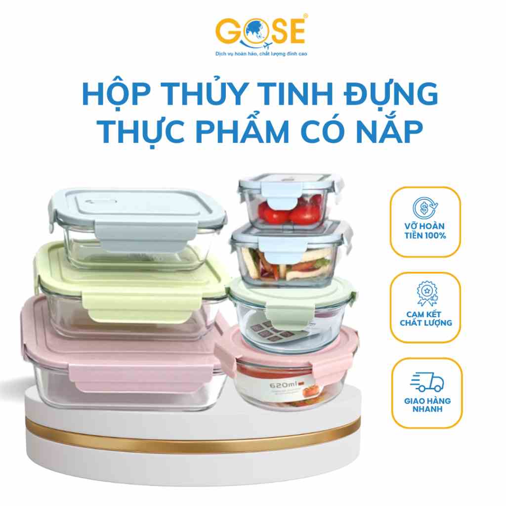 Hộp thủy tinh có nắp hút chân không đựng thực phẩm GOSE tròn vuông chữ nhật đủ size cao cấp đa năng