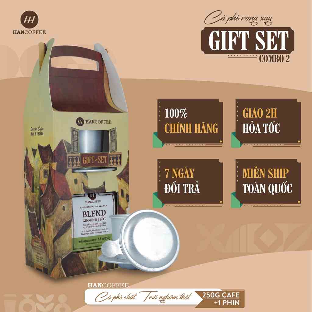 Hộp Quà Tặng HANCOFFEE GIFT SET 250G Cà Phê Rang Xay Dạng BỘT + Phin CAFE - COMBO2