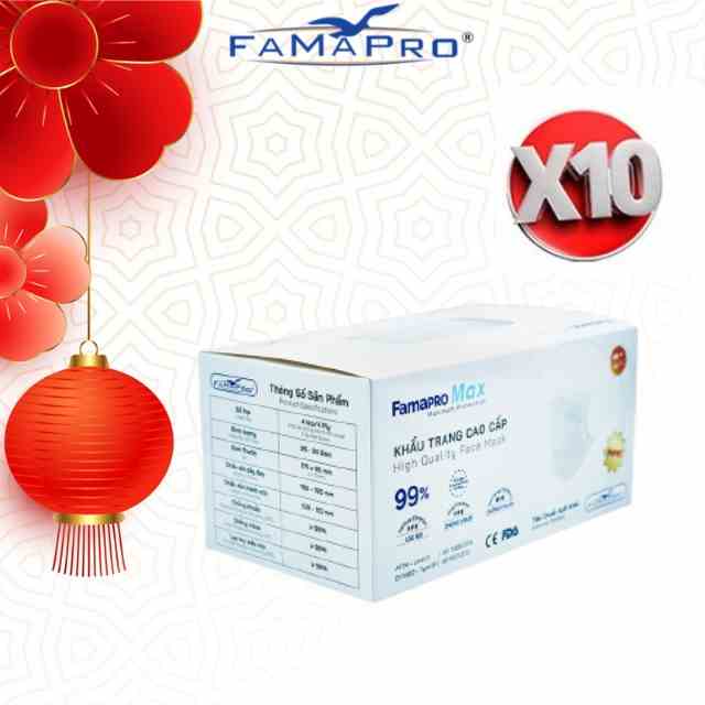 Combo 10 Hộp khẩu trang y tế cao cấp kháng khuẩn 4 lớp Famapro max (40 cái/hộp)