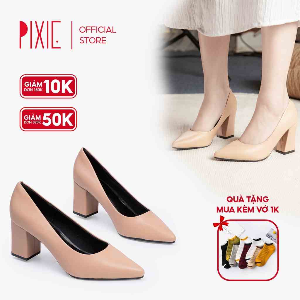 Giày Cao Gót 7cm Đế Vuông Mũi Nhọn Basic Màu Đen Pixie P159