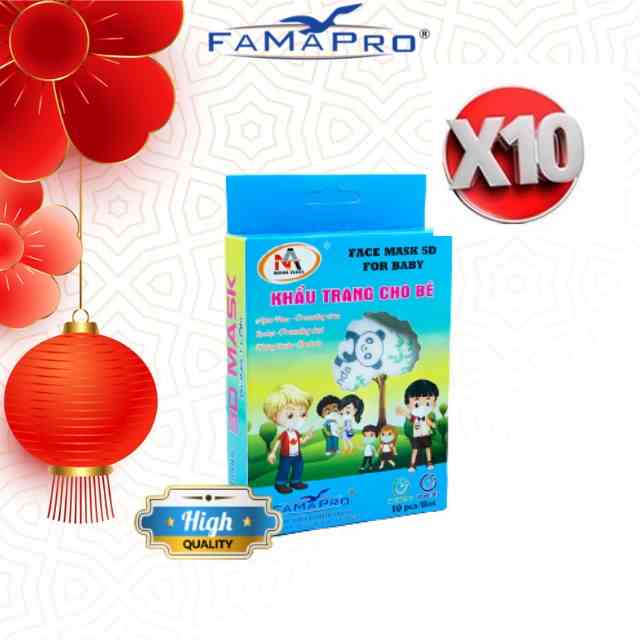 [COMBO 10 Hộp] khẩu trang y tế trẻ em 3 lớp kháng khuẩn Famapro 5D BABY quai thun (10 cái/hộp)