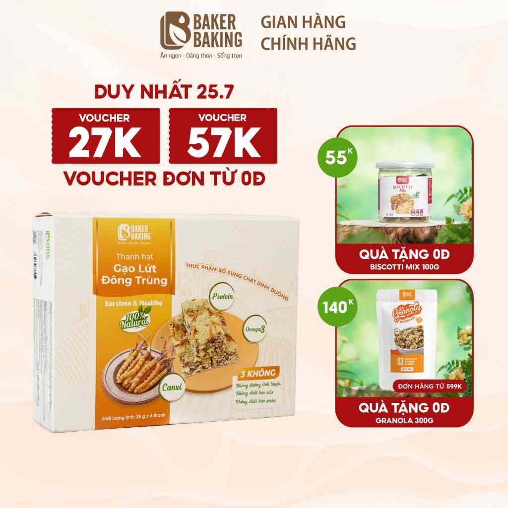 Thanh hạt gạo lứt đông trùng Baker Baking 70% hạt, 30% gạo lứt 25g phù hợp tập luyện, ăn kiêng, tăng cơ