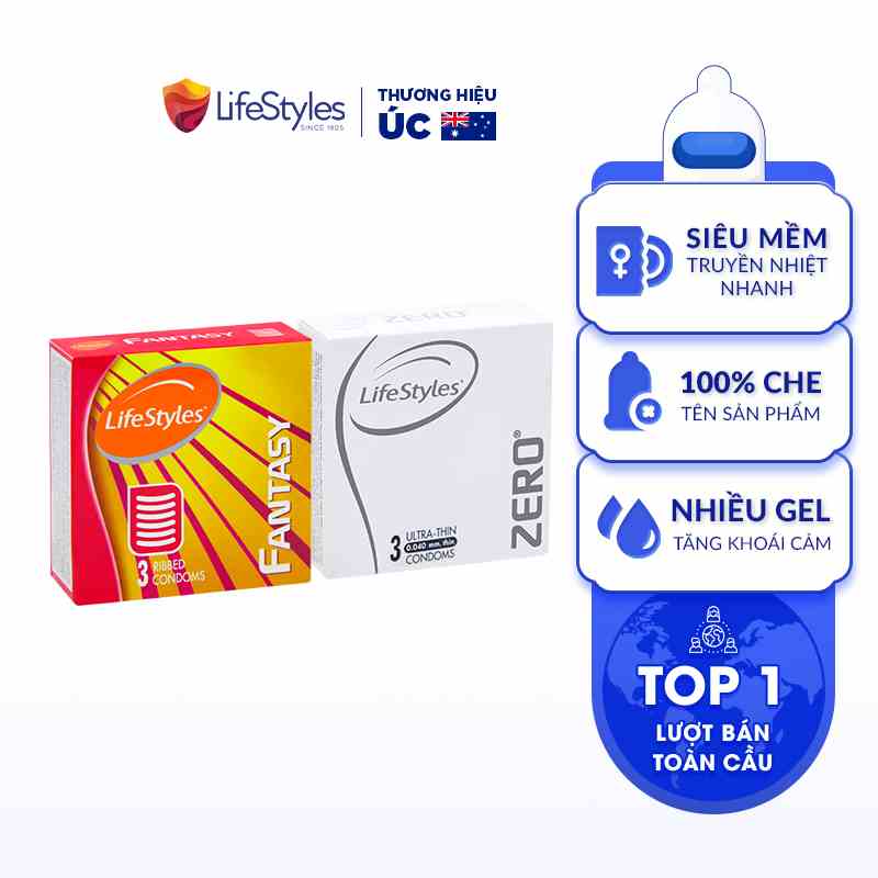 Combo 1 Hộp Bao Cao Su LifeStyles Zero Hộp 3 bao + Bao Cao Su LifeStyles Fantasy Hộp 3 bao