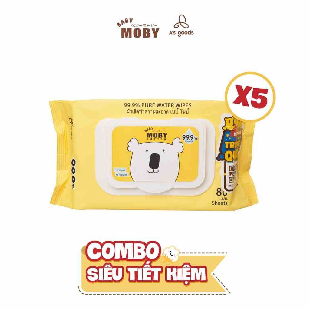 [COMBO SIÊU TIẾT KIỆM] 5 Gói Khăn Ướt Tinh Khiết 99.9% Baby Moby 80 tờ