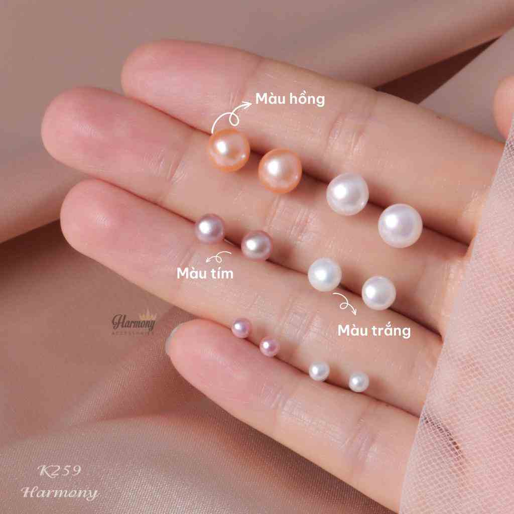 Bông tai ngọc trai nhân tạo chất liệu bạc 3 màu trắng, hồng, tím nhiều size chốt thẳng | HARMONY ACCESSORIES K259