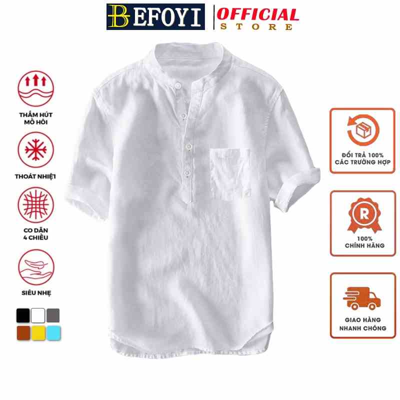 Áo thun polo BEFOYI PTX02 tay ngắn cổ chữ V vải lanh cotton màu trơn kiểu Trung Hoa cho nam nhiều cỡ