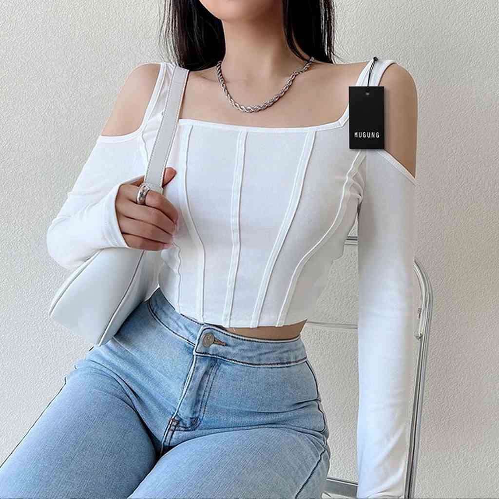 Áo croptop tay dài hở vai Mugung Áo croptop cổ vuông có sọc nẹp A65