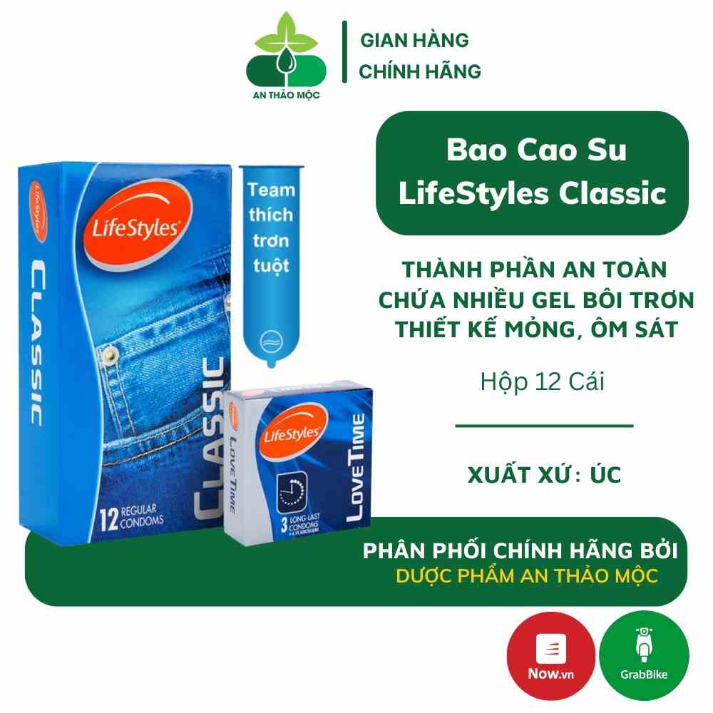 Bao cao su LifeStyles Classic thiết kế mỏng nhẹ ôm sát an toàn nhiều gel bôi trơn hộp 12 cái