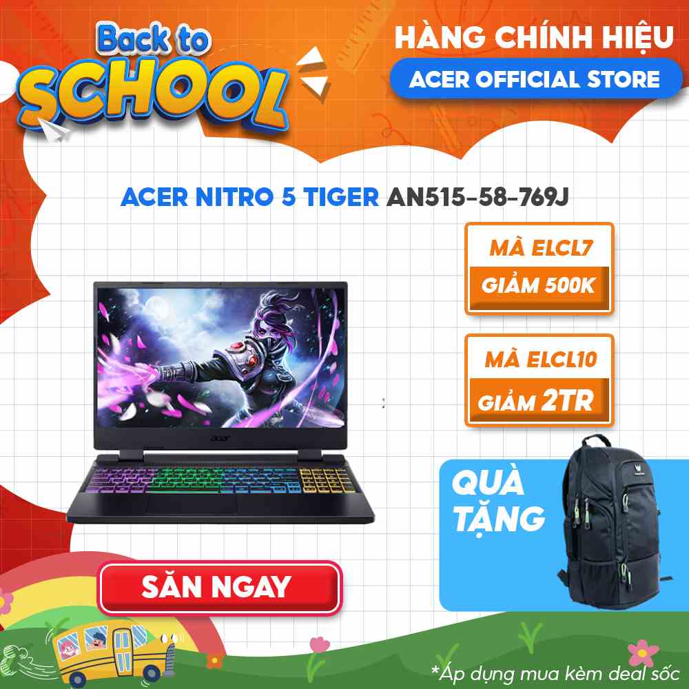 [Mã ELCL12 giảm 12% đơn 10TR] Laptop Acer Nitro5 Tiger AN515-58-769J(i7-12700H|8GB|512GB|RTX3050 4GB|15.6 FHD 144Hz|